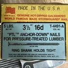 New 5LB Maze Nails 3 1/2 16D T-4491-A Pressure Treated Lumber Ring Shank. Price: $34.50.