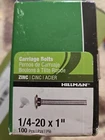 Hillman Carriage Bolts Zinc-plated 1/4-20" X 1" 100CT New. Price: $11.99.